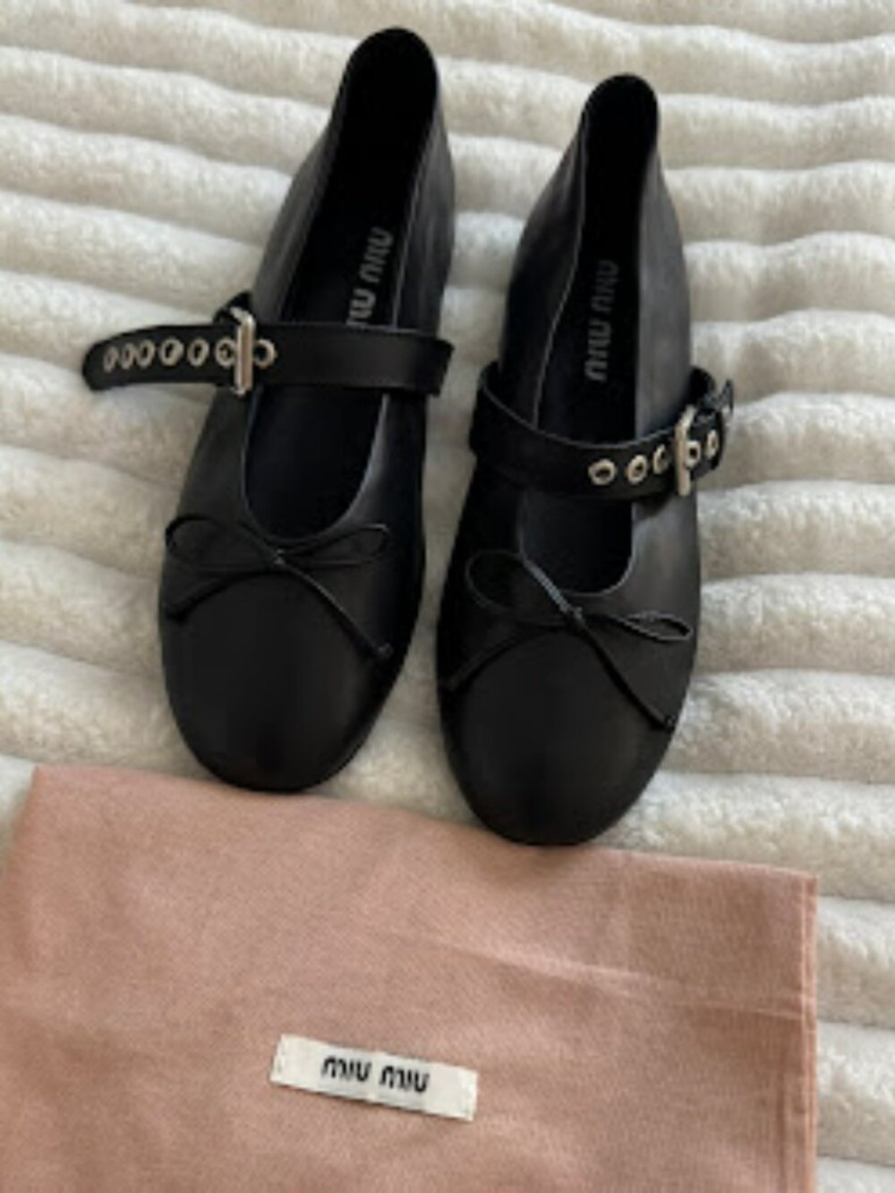Miu Miu Black Leather Mary Jane Ballet Flats – Buckle Strap Bow Detail, Size US